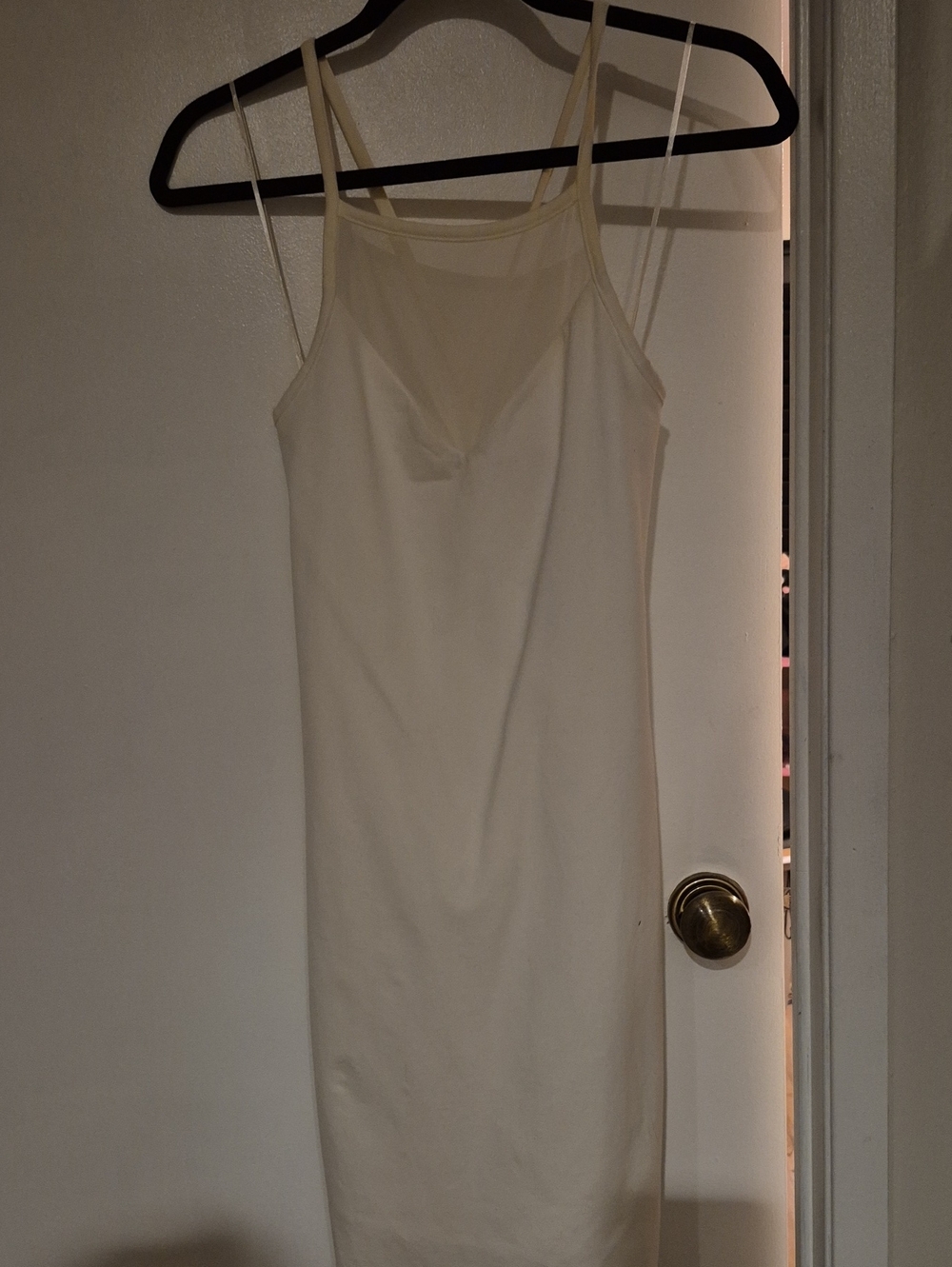 Express Body Contour White Midi Dress with Sheer Yoke